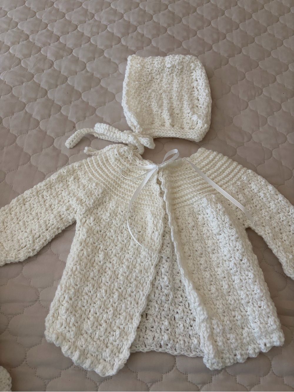 Handmade Crocheted Baby Set - Cream Blanket & Jacket with Bonnet - Picture 2 of 4